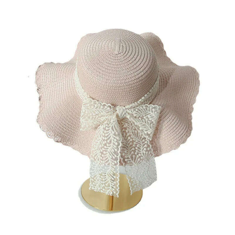 KIMLUD, Women's Straw Hat Spring and Summer Lace Bow Large Brim Breathable Foldable Sunshade Caps Beach Cap Sweet Fisherman Hat S131, S131-Pink / One size, KIMLUD APPAREL - Womens Clothes