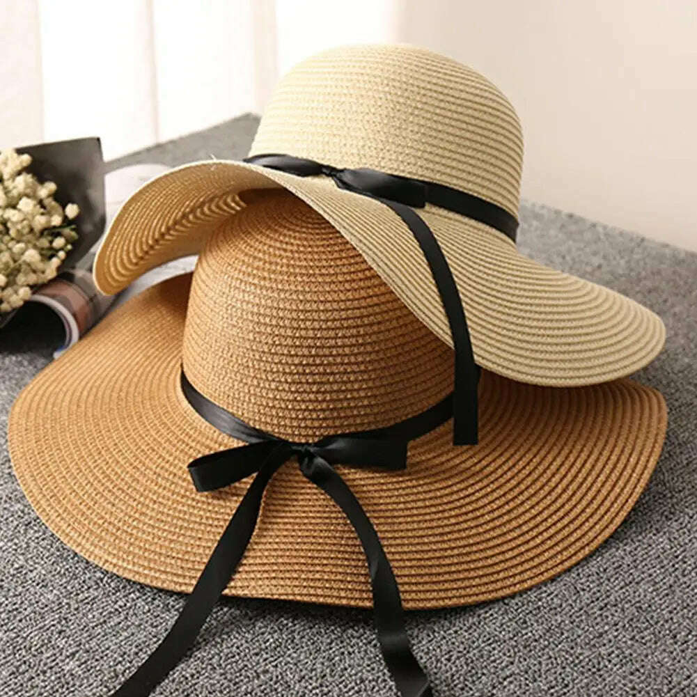 Women's Straw Sun Hat Wide Brim Flat Beach Hat Summer Sun Protection Cowboy Style Hat Rolled Up Packable Panama Hats - KIMLUD