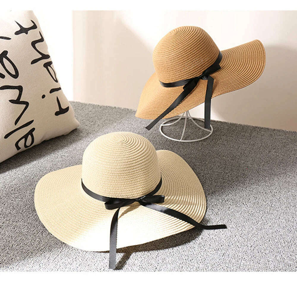 KIMLUD, Women's Straw Sun Hat Wide Brim Flat Beach Hat Summer Sun Protection Cowboy Style Hat Rolled Up Packable Panama Hats, KIMLUD Womens Clothes