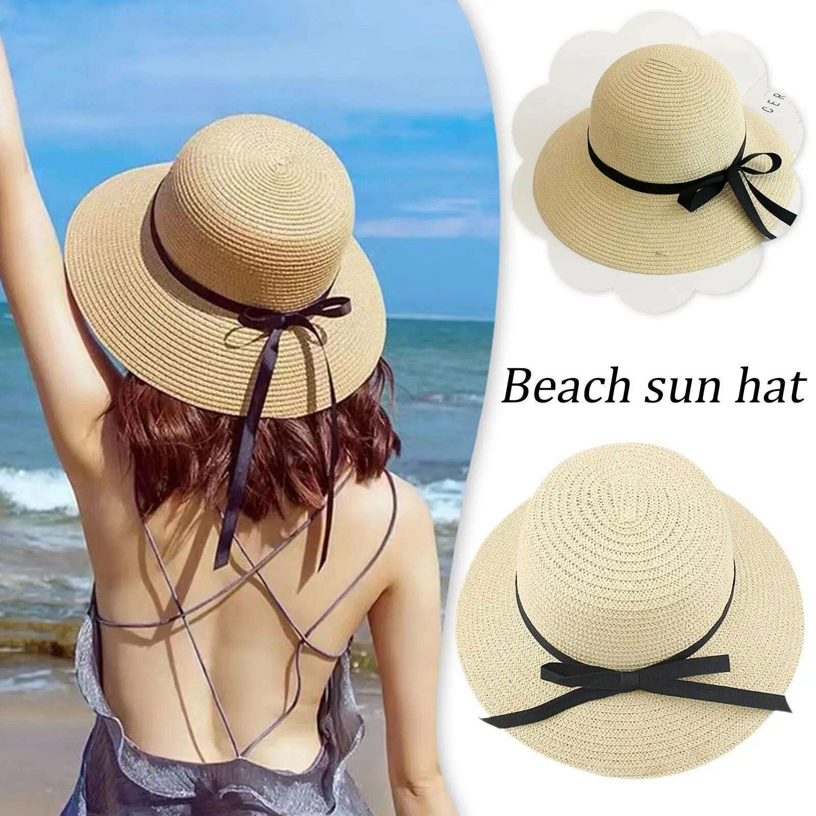 Women's Straw Sun Hat Wide Brim Flat Beach Hat Summer Sun Protection Cowboy Style Hat Rolled Up Packable Panama Hats - KIMLUD