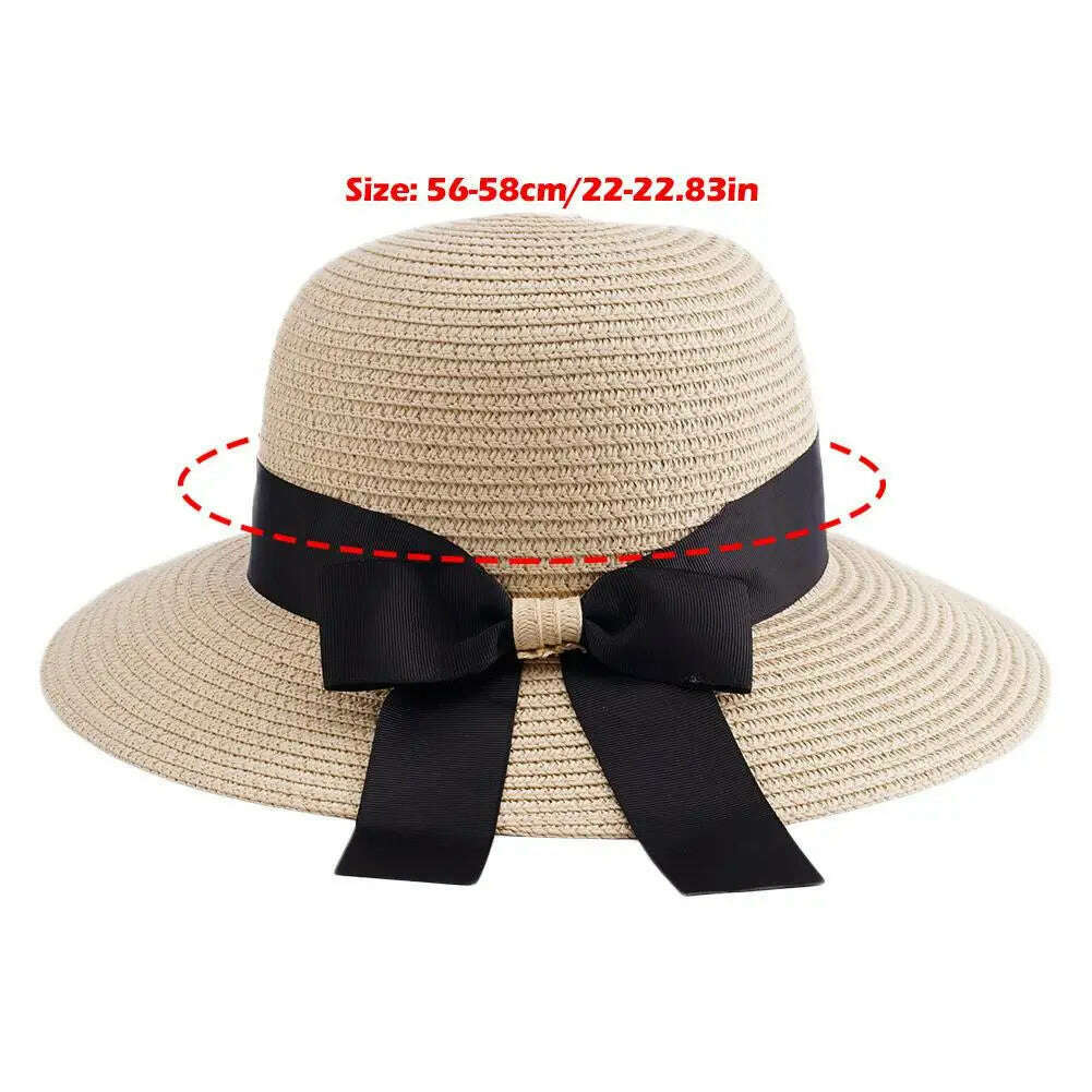 Women's Straw Sun Hat Wide Brim Flat Beach Hat Summer Sun Protection Cowboy Style Hat Rolled Up Packable Panama Hats - KIMLUD