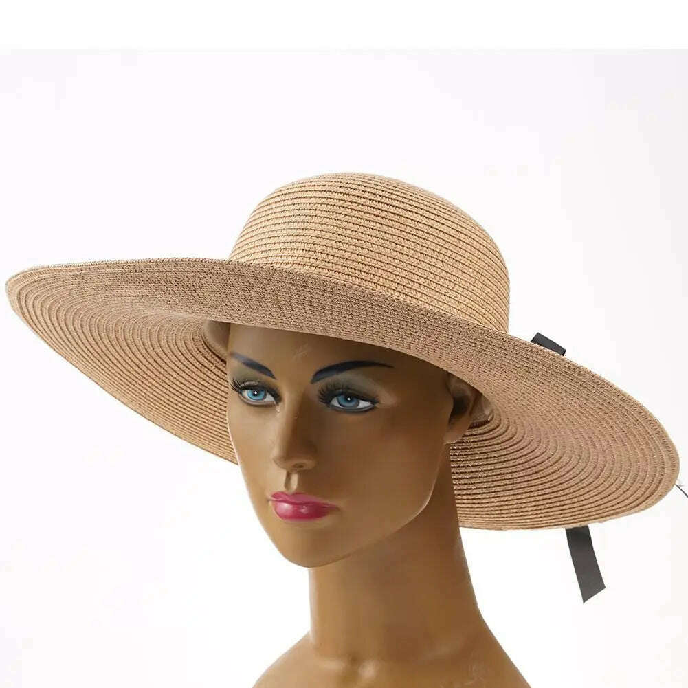 KIMLUD, Women's Straw Sun Hat Wide Brim Flat Beach Hat Summer Sun Protection Cowboy Style Hat Rolled Up Packable Panama Hats, KIMLUD Womens Clothes