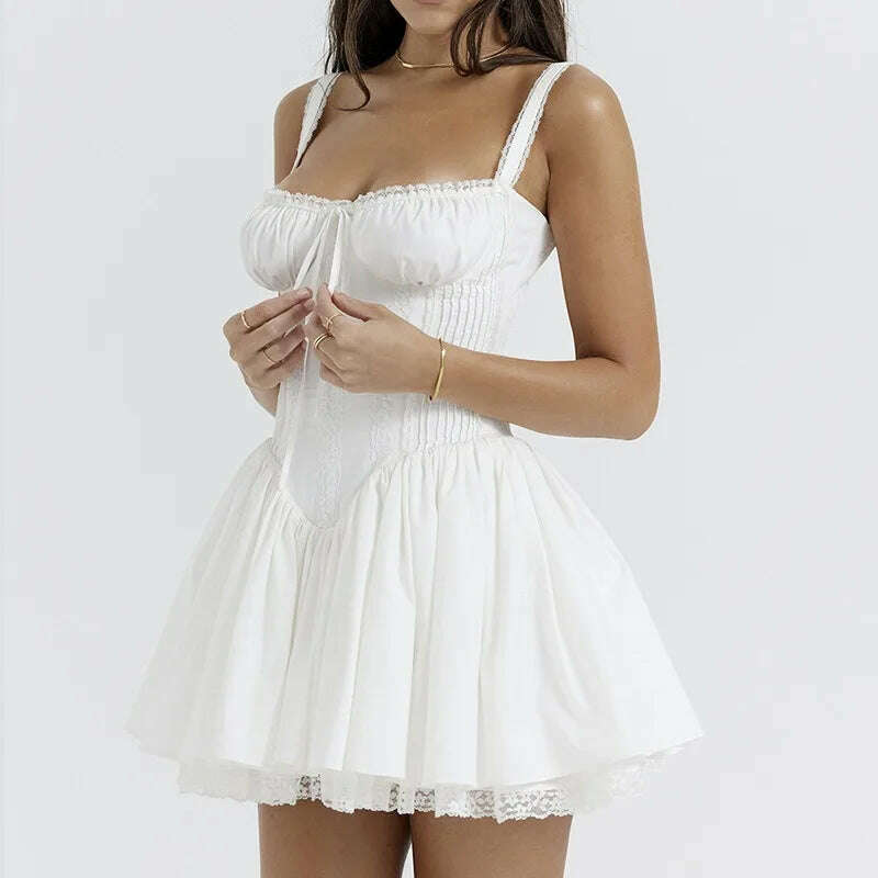 Women's Summer Sweet White Dress, Sexy, Lace-up, Sleeveless, Slash Neck, Mini Spaghetti Strap Dresses, F00068 - KIMLUD