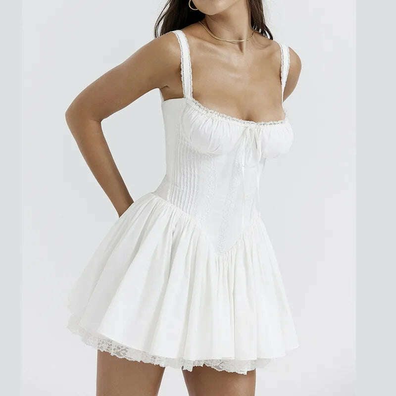 Women's Summer Sweet White Dress, Sexy, Lace-up, Sleeveless, Slash Neck, Mini Spaghetti Strap Dresses, F00068 - KIMLUD