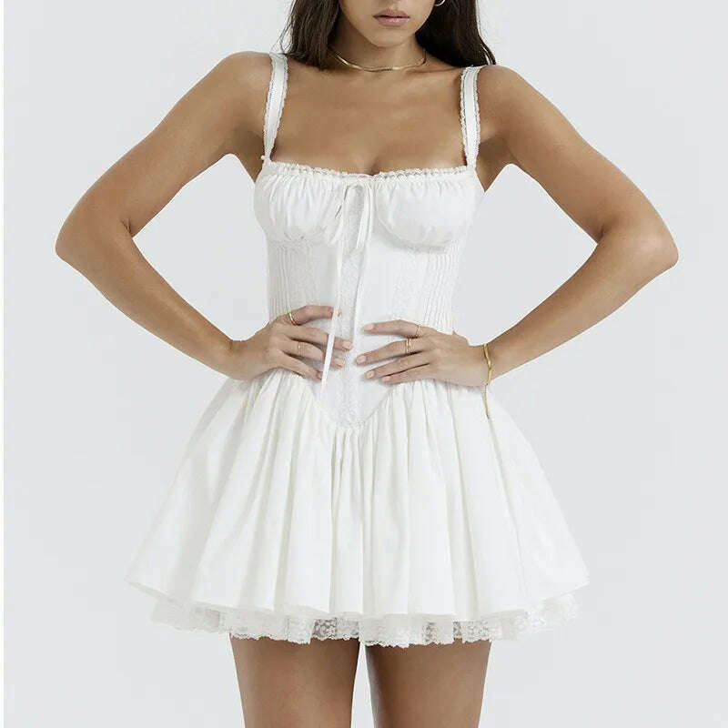 Women's Summer Sweet White Dress, Sexy, Lace-up, Sleeveless, Slash Neck, Mini Spaghetti Strap Dresses, F00068 - KIMLUD