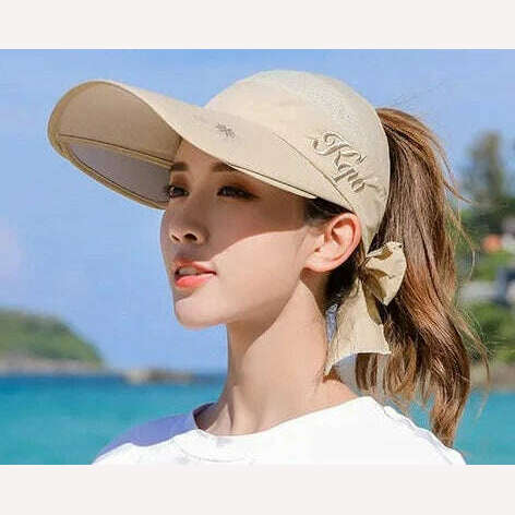 KIMLUD, Women's Sun Hat Cycling Breathable Visor Caps Female Scalable Brim Empty Top Baseball Cap Wide Brim Cap UV Protection Beach Hats, Khaki / 54-60CM, KIMLUD APPAREL - Womens Clothes