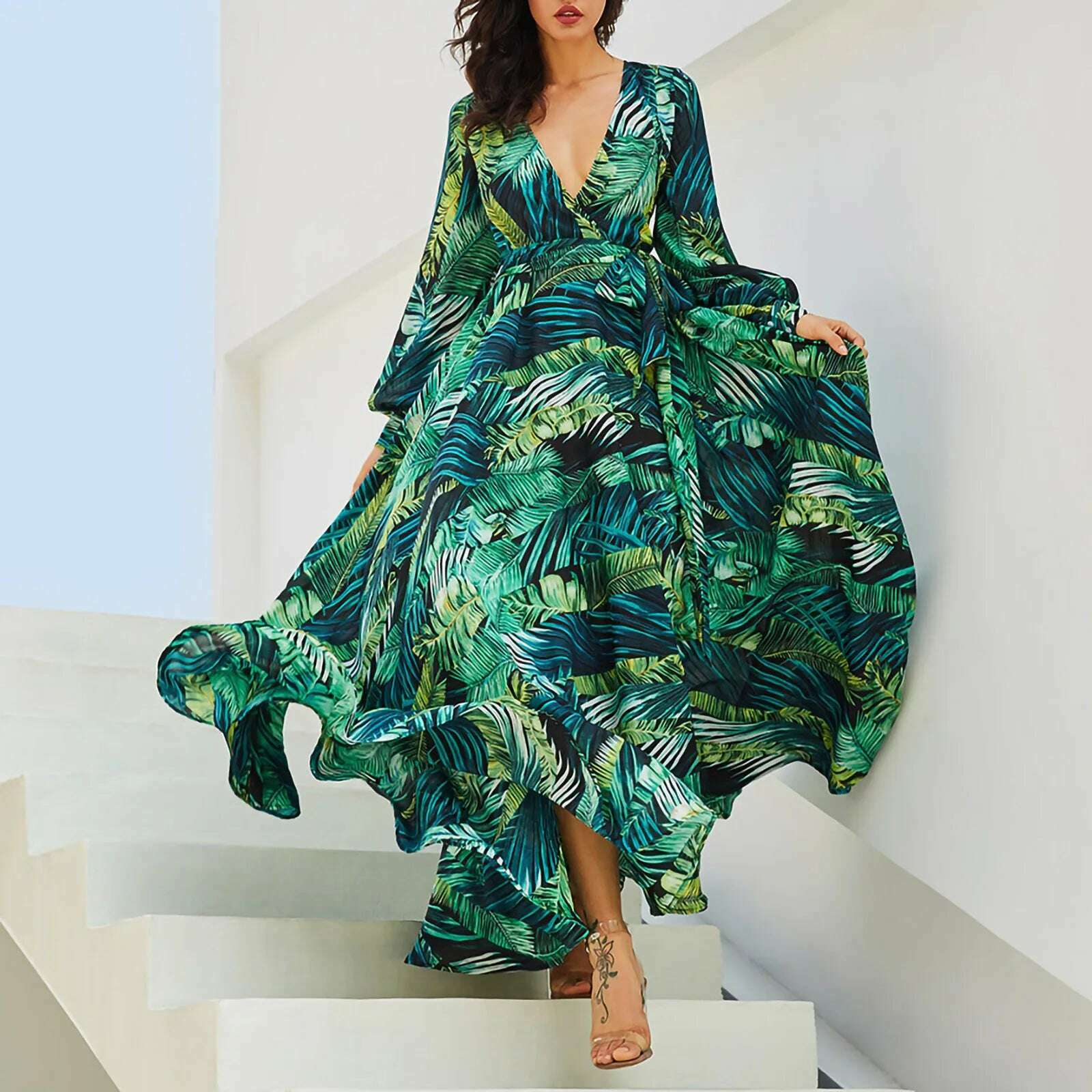 Women'S Temperament V-Neck Backless Dresses Summer Boho Green Leaf Print Maxi Dress For Beach Elegant Pleated Sundress Vestidos - KIMLUD