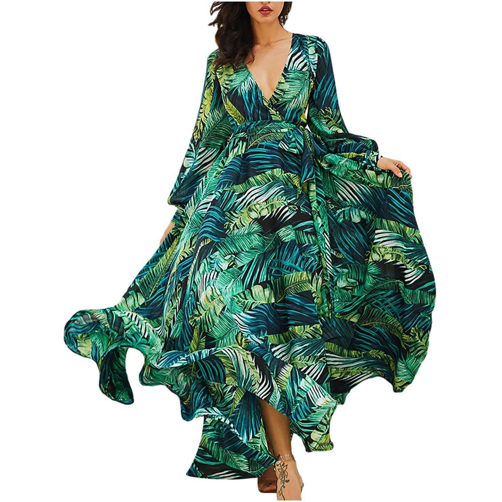 Women'S Temperament V-Neck Backless Dresses Summer Boho Green Leaf Print Maxi Dress For Beach Elegant Pleated Sundress Vestidos - KIMLUD