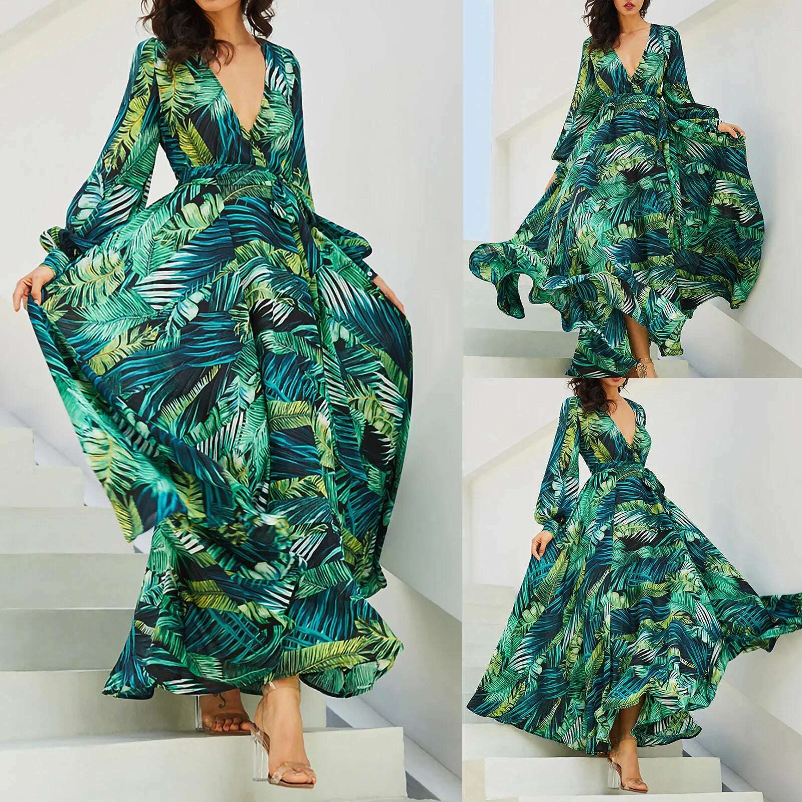 KIMLUD, Women'S Temperament V-Neck Backless Dresses Summer Boho Green Leaf Print Maxi Dress For Beach Elegant Pleated Sundress Vestidos, Green / L / CN, KIMLUD APPAREL - Womens Clothes