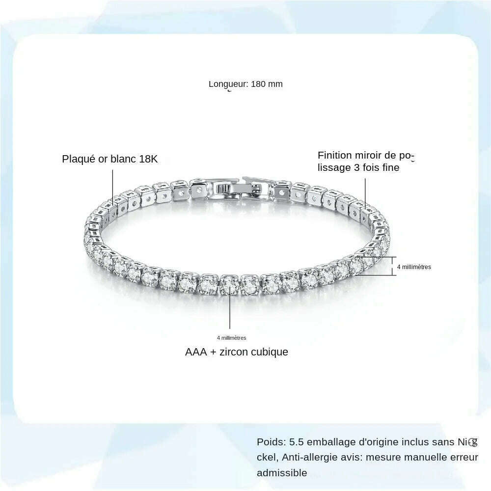 KIMLUD, Women's Tennis Bracelet Hip Hop Trendy AAA+ Cubic Zirconia Silver Color Teen Girl Crystal Chain on The Hand Wedding Jewelry H086, KIMLUD Womens Clothes