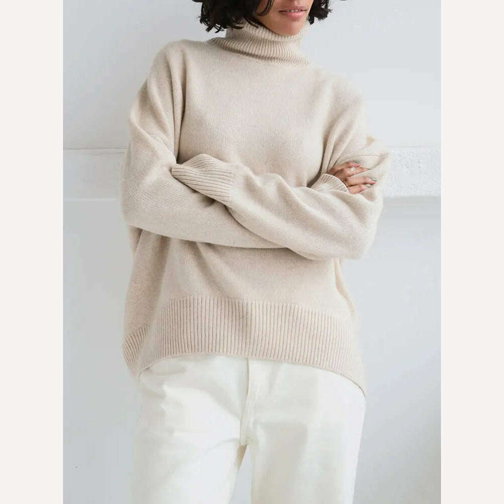 KIMLUD, Women's Thick Sweaters Oversize Turtleneck Women Winter Warm White Pullovers Knitted High Neck Oversized Sweater For Women Tops, Light apricot / S, KIMLUD APPAREL - Womens Clothes