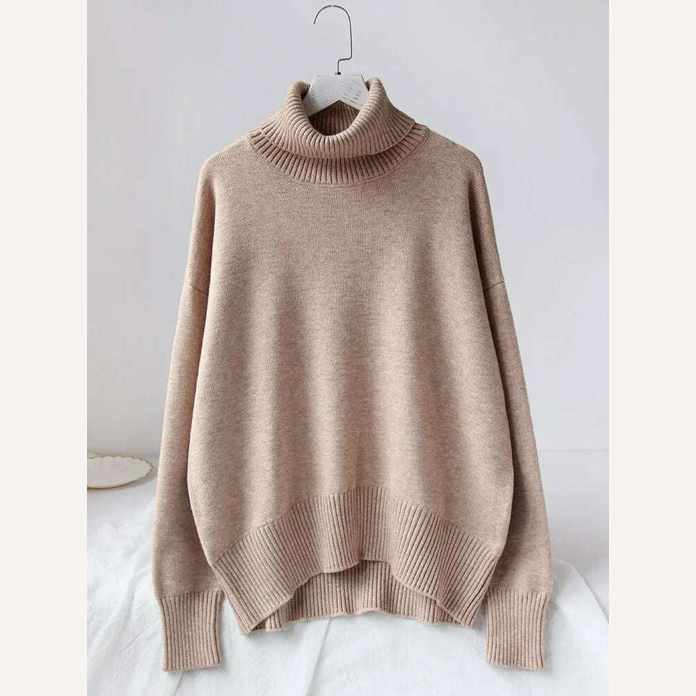 KIMLUD, Women's Thick Sweaters Oversize Turtleneck Women Winter Warm White Pullovers Knitted High Neck Oversized Sweater For Women Tops, Khaki / S, KIMLUD APPAREL - Womens Clothes