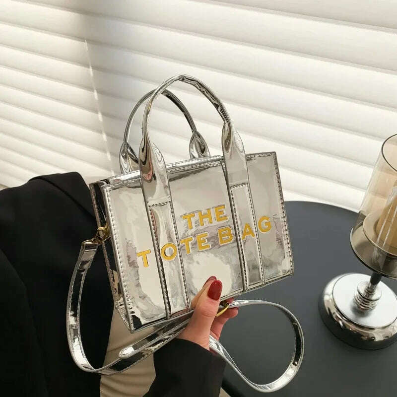 KIMLUD, Women's Tote Bag 2023 New Popular Bright Face Small Shoulder Bag Letter Printing Handbag Fashion One Shoulder Crossbody Bag, Silver, KIMLUD APPAREL - Womens Clothes