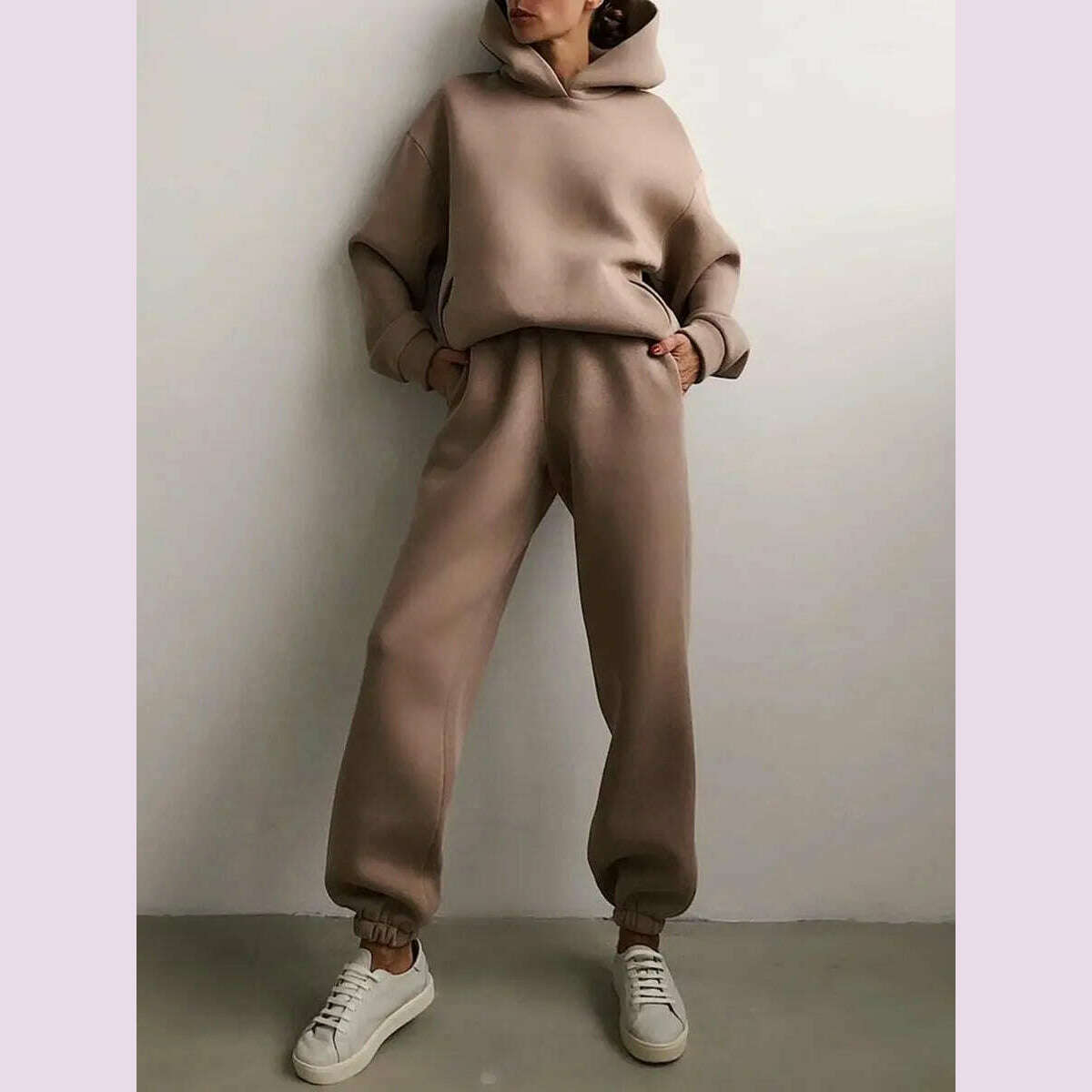 Women's Tracksuit Suit Winter Fashion Warm Hoodie Sweatshirts Two Pieces Oversized Solid Casual Hoody Pullovers Long Pant Sets - KIMLUD