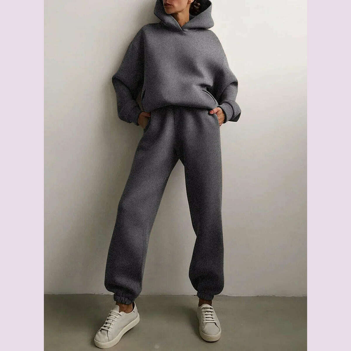 Women's Tracksuit Suit Winter Fashion Warm Hoodie Sweatshirts Two Pieces Oversized Solid Casual Hoody Pullovers Long Pant Sets - KIMLUD