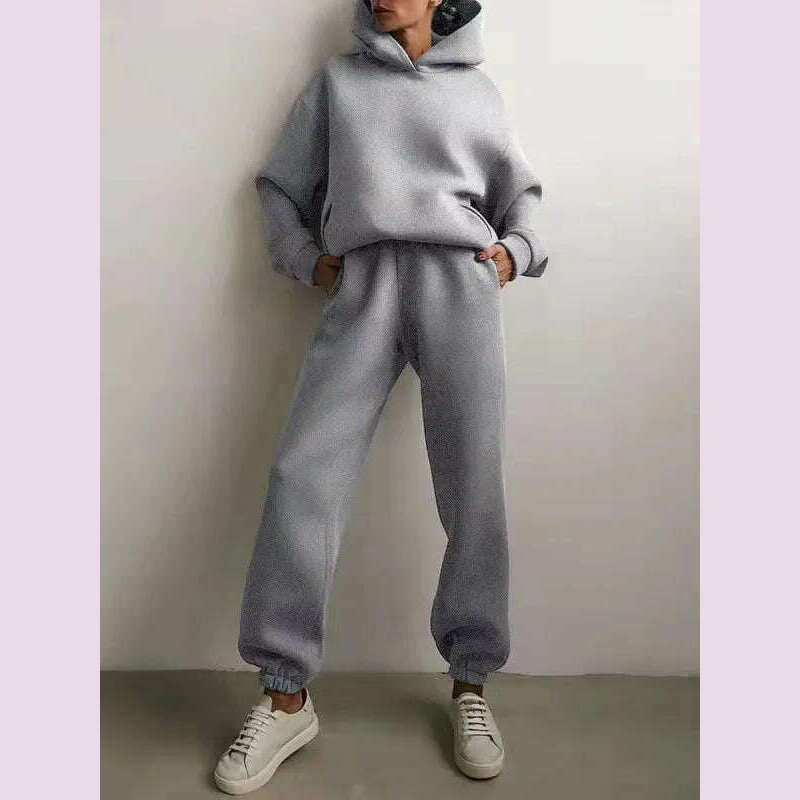 Women's Tracksuit Suit Winter Fashion Warm Hoodie Sweatshirts Two Pieces Oversized Solid Casual Hoody Pullovers Long Pant Sets - KIMLUD