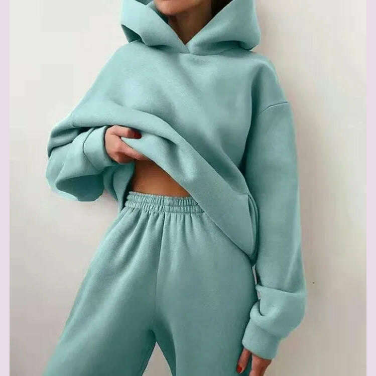 Women's Tracksuit Suit Winter Fashion Warm Hoodie Sweatshirts Two Pieces Oversized Solid Casual Hoody Pullovers Long Pant Sets - KIMLUD