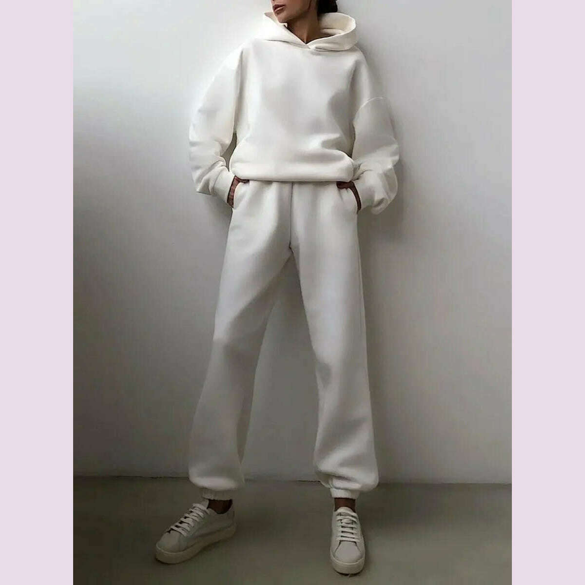 KIMLUD, Women's Tracksuit Suit Winter Fashion Warm Hoodie Sweatshirts Two Pieces Oversized Solid Casual Hoody Pullovers Long Pant Sets, WHITE / L, KIMLUD APPAREL - Womens Clothes