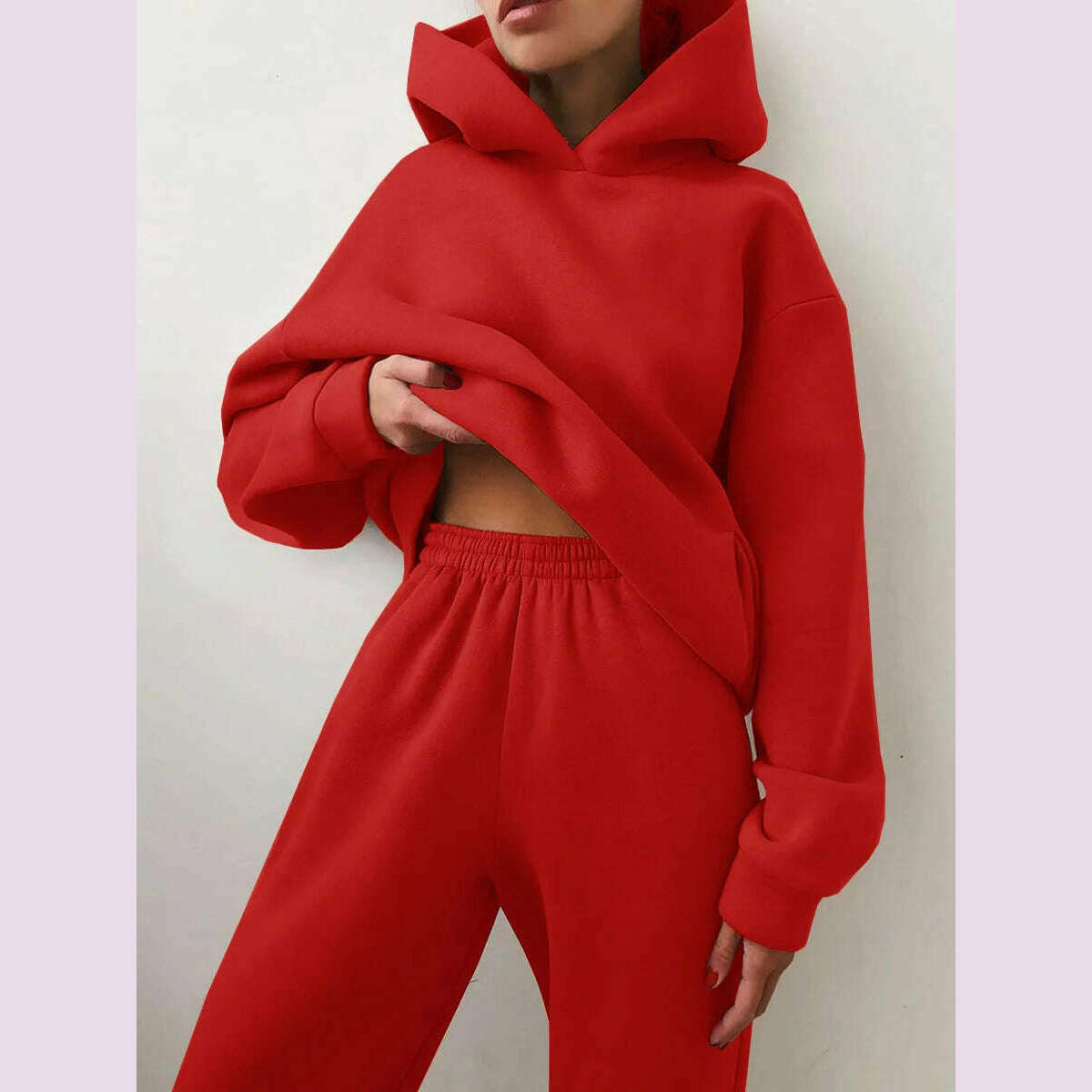 Women's Tracksuit Suit Winter Fashion Warm Hoodie Sweatshirts Two Pieces Oversized Solid Casual Hoody Pullovers Long Pant Sets - KIMLUD