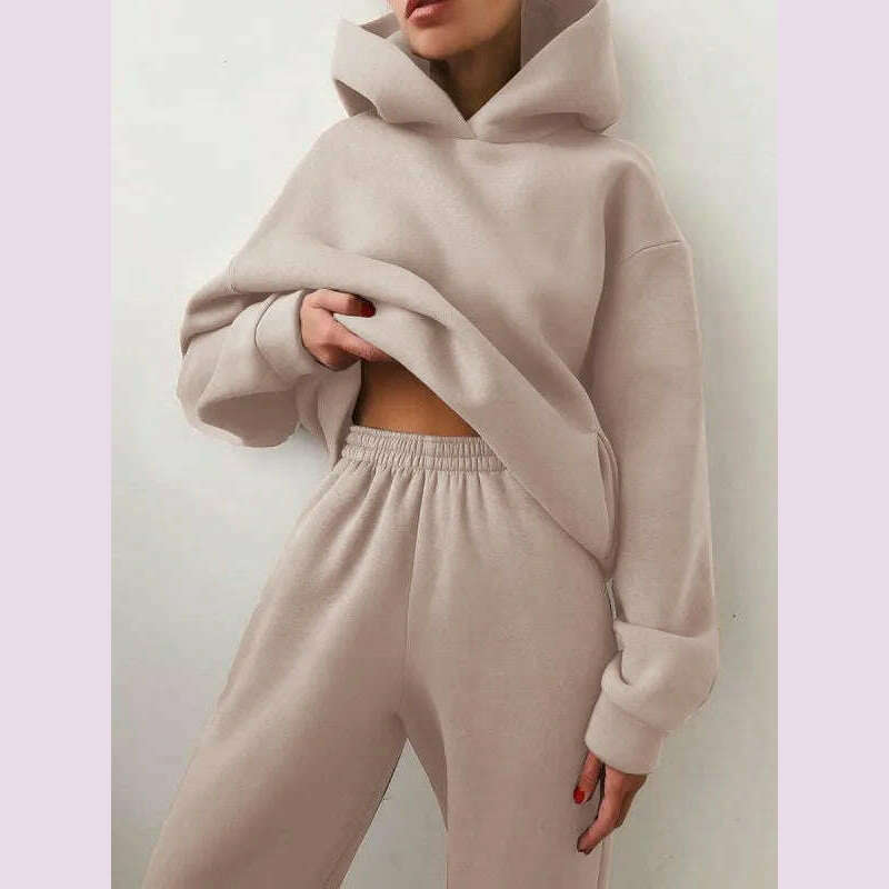 KIMLUD, Women's Tracksuit Suit Winter Fashion Warm Hoodie Sweatshirts Two Pieces Oversized Solid Casual Hoody Pullovers Long Pant Sets, LightKhaki / XXXL, KIMLUD APPAREL - Womens Clothes