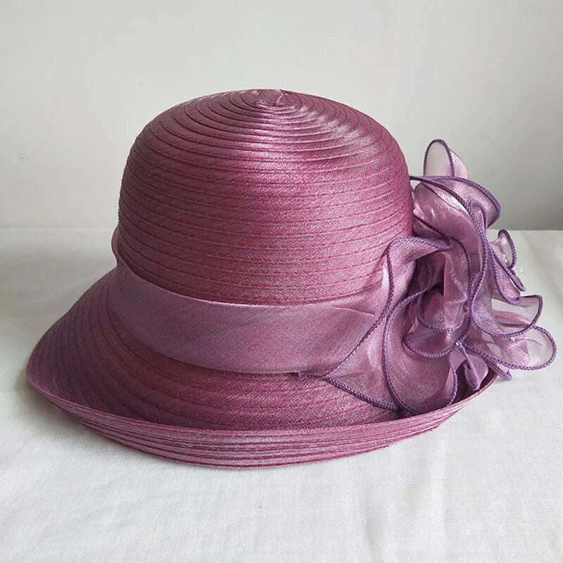 KIMLUD, Womens Up-Turned Brim Organza Hats Wedding Occasion Wide Brim Sun Hat Kentucky Derby Summer Church Party Hats Dressy Millinery, Purple, KIMLUD APPAREL - Womens Clothes