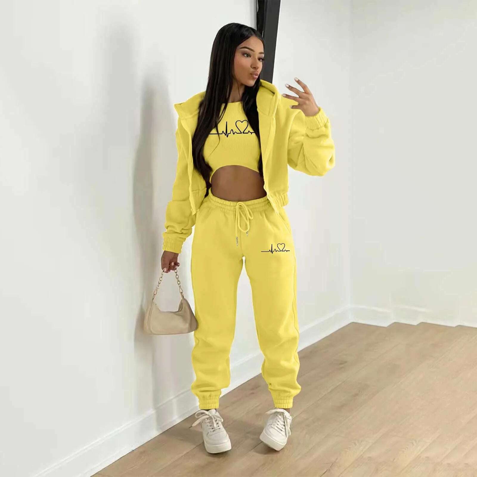 KIMLUD, Women'S Velvet Sweatshirt Alphabet Print Hooded Athleisure Set Three Piece Sets Womens Outifits Sets Sports And Leisure Suit, Yellow / L / CN, KIMLUD APPAREL - Womens Clothes