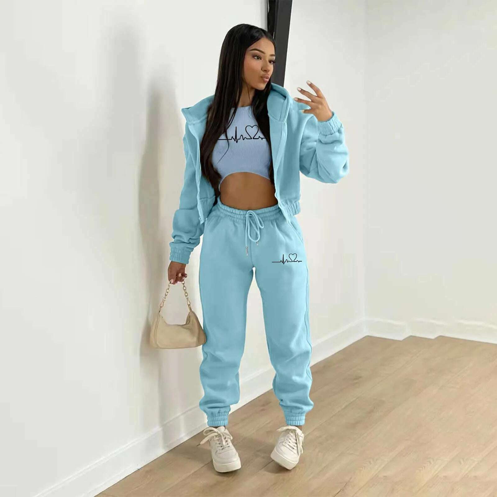 KIMLUD, Women'S Velvet Sweatshirt Alphabet Print Hooded Athleisure Set Three Piece Sets Womens Outifits Sets Sports And Leisure Suit, Blue / XL / CN, KIMLUD APPAREL - Womens Clothes