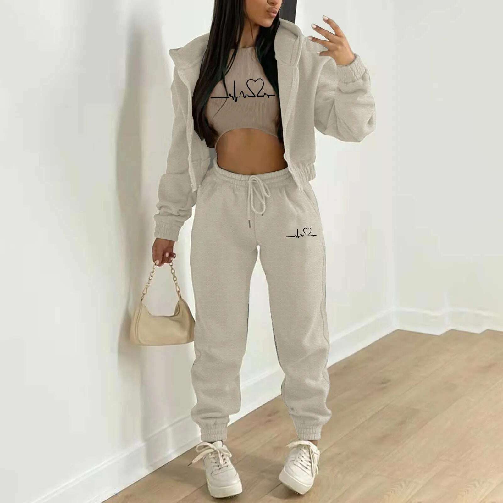 KIMLUD, Women'S Velvet Sweatshirt Alphabet Print Hooded Athleisure Set Three Piece Sets Womens Outifits Sets Sports And Leisure Suit, Khaki / L / CN, KIMLUD APPAREL - Womens Clothes