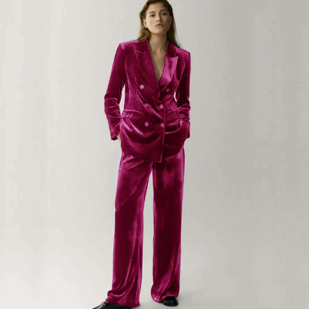 KIMLUD, Women's Velveteen Suit Chic and Elegant Woman Set Double Breasted ,2-piece Set (Jacket + Pants) Fashion Suits Standard Collar, Fuchsia / XS, KIMLUD APPAREL - Womens Clothes