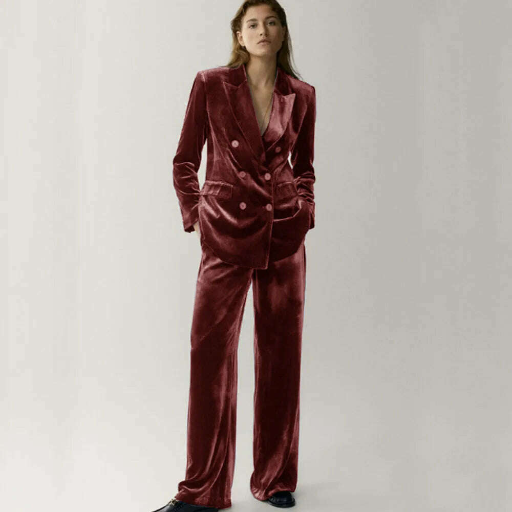 KIMLUD, Women's Velveteen Suit Chic and Elegant Woman Set Double Breasted ,2-piece Set (Jacket + Pants) Fashion Suits Standard Collar, Claret / XS, KIMLUD APPAREL - Womens Clothes