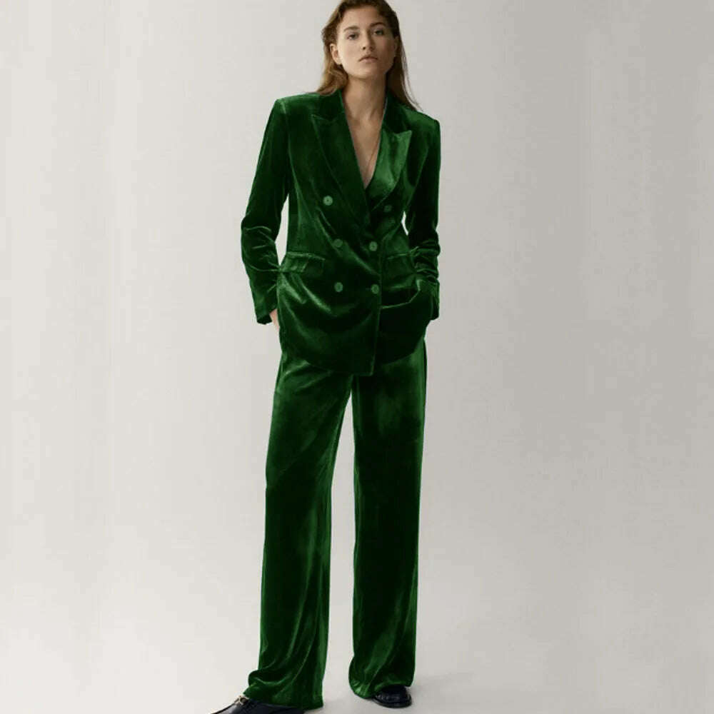 KIMLUD, Women's Velveteen Suit Chic and Elegant Woman Set Double Breasted ,2-piece Set (Jacket + Pants) Fashion Suits Standard Collar, green / XS, KIMLUD APPAREL - Womens Clothes