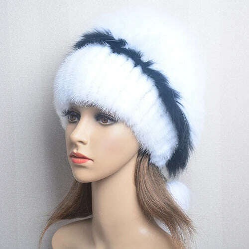 KIMLUD, Women's Winter Fur Hat Natural Fur Knitted Mink Fox Pom Pom Fur Hats With Balls Stylish Warm Fashion Girls Beanies Hat, white 2 / One Size, KIMLUD APPAREL - Womens Clothes