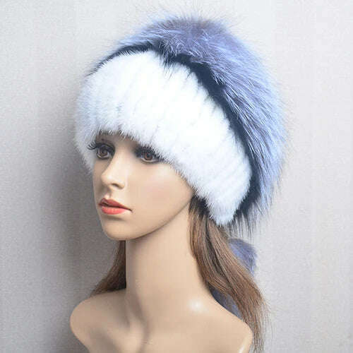 Women's Winter Fur Hat Natural Fur Knitted Mink Fox Pom Pom Fur Hats With Balls Stylish Warm Fashion Girls Beanies Hat - KIMLUD