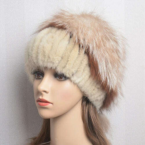 Women's Winter Fur Hat Natural Fur Knitted Mink Fox Pom Pom Fur Hats With Balls Stylish Warm Fashion Girls Beanies Hat - KIMLUD