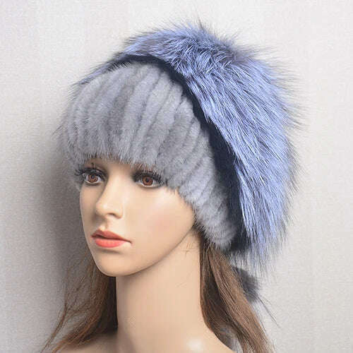 KIMLUD, Women's Winter Fur Hat Natural Fur Knitted Mink Fox Pom Pom Fur Hats With Balls Stylish Warm Fashion Girls Beanies Hat, grey / One Size, KIMLUD APPAREL - Womens Clothes