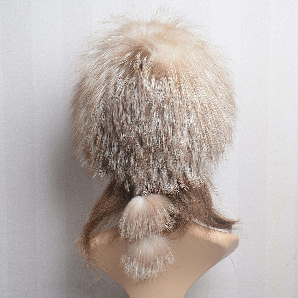 Women's Winter Fur Hat Natural Fur Knitted Mink Fox Pom Pom Fur Hats With Balls Stylish Warm Fashion Girls Beanies Hat - KIMLUD