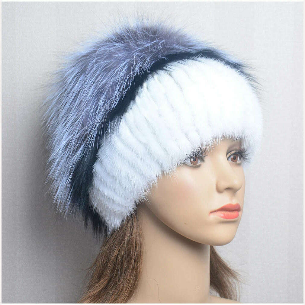 Women's Winter Fur Hat Natural Fur Knitted Mink Fox Pom Pom Fur Hats With Balls Stylish Warm Fashion Girls Beanies Hat - KIMLUD