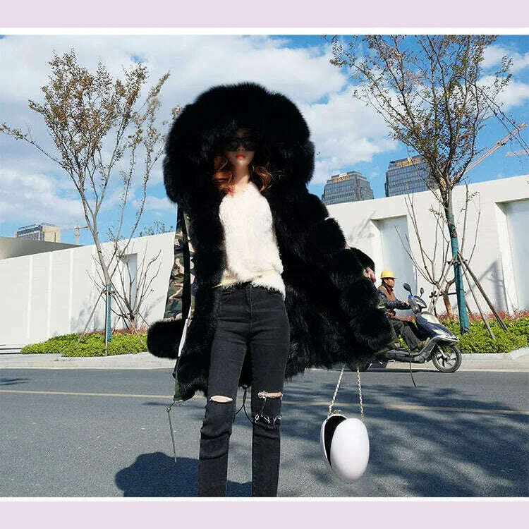 KIMLUD, womens winter jacket coat Raccoon fur Linner parkas women parka big real fox fur collar natural Roccoon fur liner Long coat, KIMLUD Womens Clothes