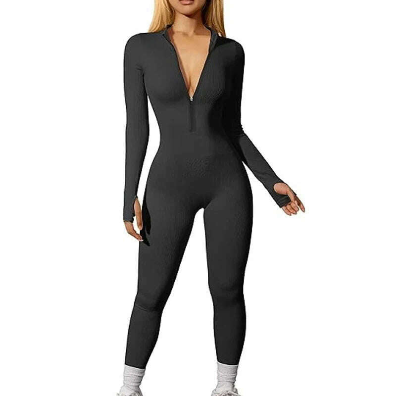 KIMLUD, Women's Yoga Jumpsuit Workout Ribbed Long Sleeve Front Zip Athletic Solid Color Bodysuit Jumpsuit, Black / S, KIMLUD APPAREL - Womens Clothes