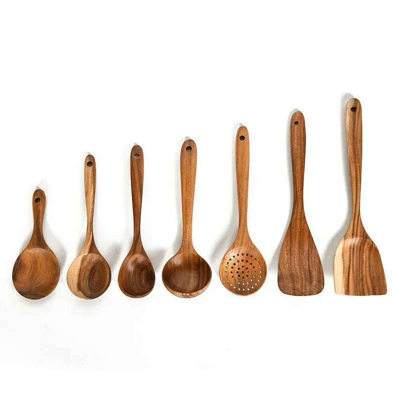 Wooden Kitchen Spoon Long Rice Colander Soup Skimmer Cooking Soup Spoons Scoop Kitchen Tool Thailand Teak Natural Wood - KIMLUD