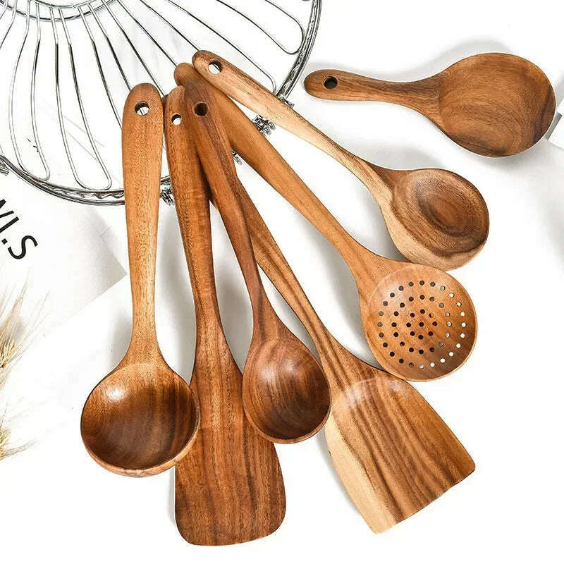 Wooden Kitchen Spoon Long Rice Colander Soup Skimmer Cooking Soup Spoons Scoop Kitchen Tool Thailand Teak Natural Wood - KIMLUD