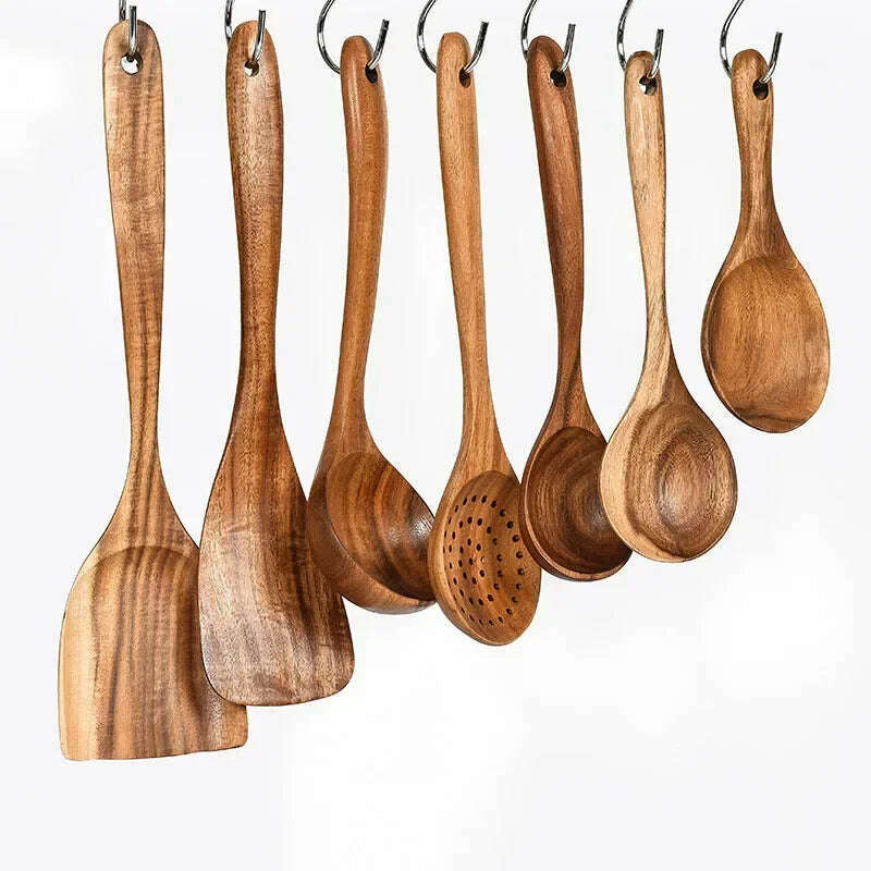 Wooden Kitchen Spoon Long Rice Colander Soup Skimmer Cooking Soup Spoons Scoop Kitchen Tool Thailand Teak Natural Wood - KIMLUD