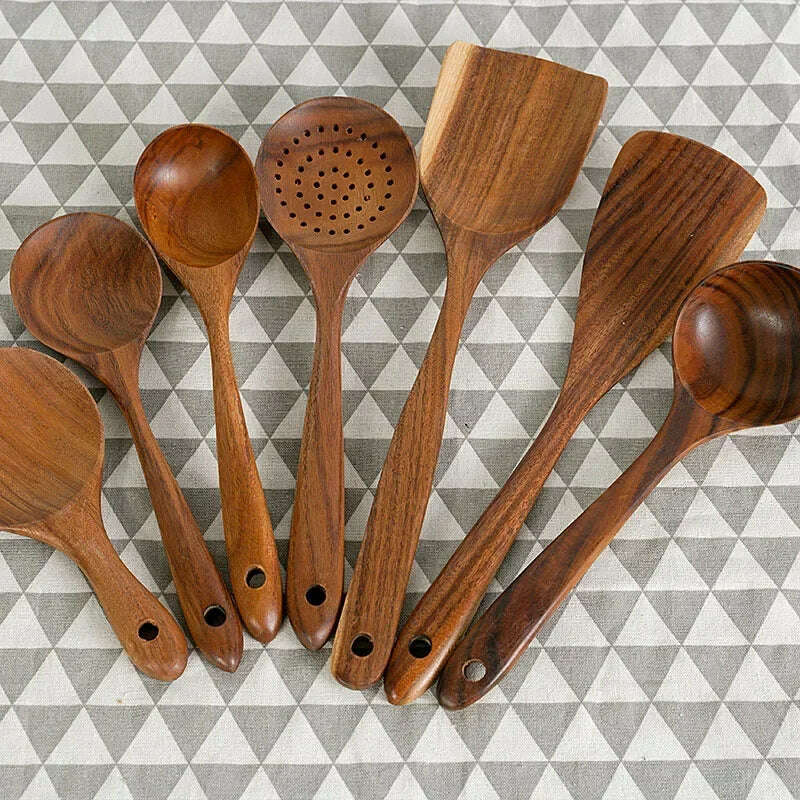 Wooden Kitchen Spoon Long Rice Colander Soup Skimmer Cooking Soup Spoons Scoop Kitchen Tool Thailand Teak Natural Wood - KIMLUD