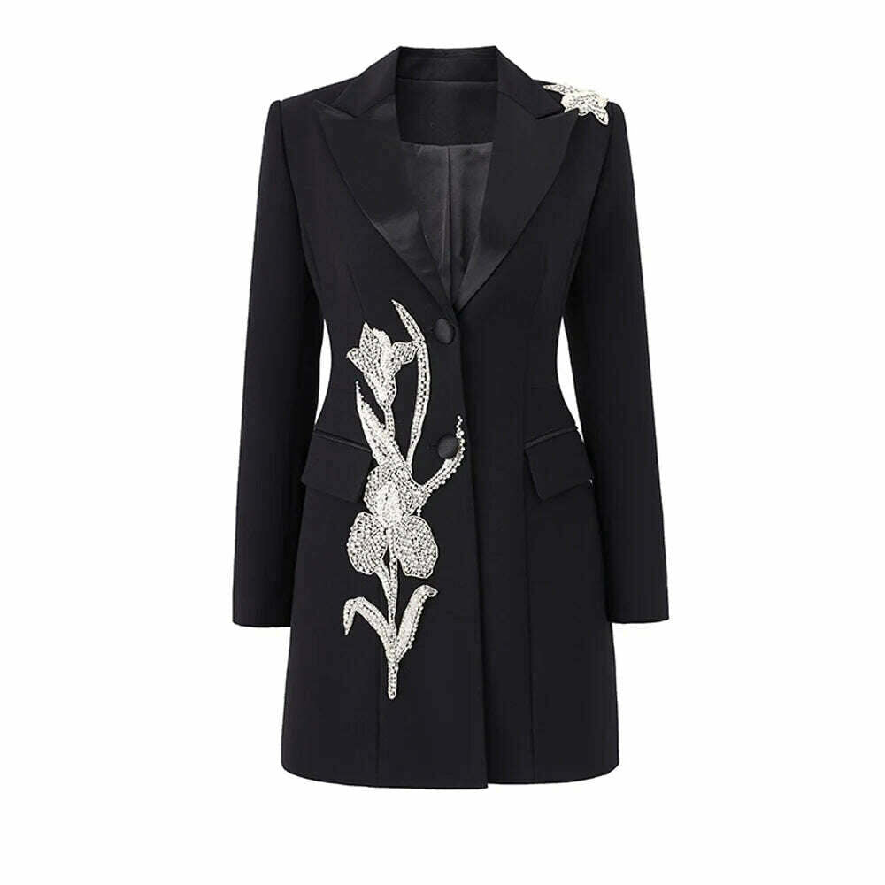 KIMLUD, Wow So Elegant Design Party Evening Style 3D Flower Stones Beadeds Notched Women Luxury Black Blazer Dress with Shoulder Pads, black / S / CHINA, KIMLUD APPAREL - Womens Clothes