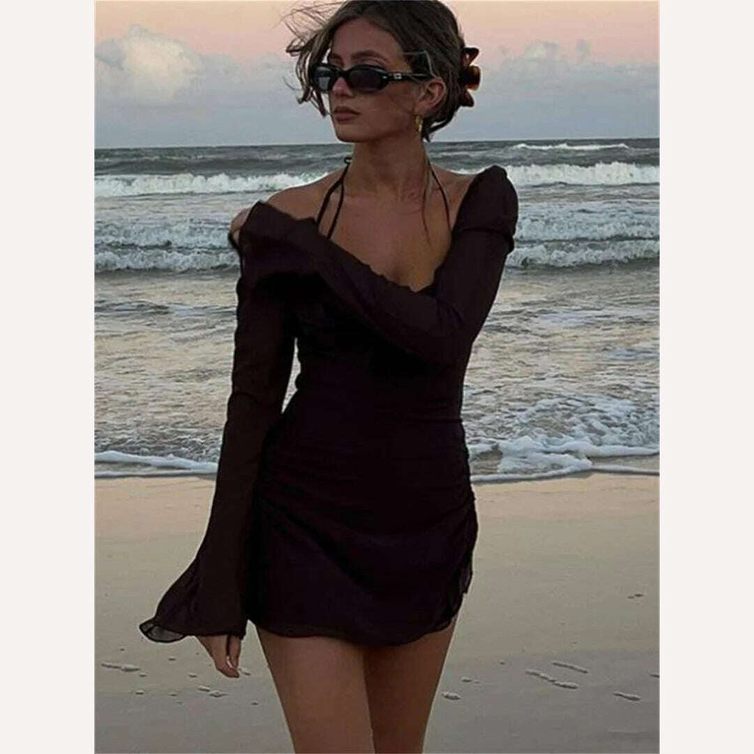 KIMLUD, wsevypo Elegant Off-Shoulder Halter Short Dress Women Long Flare Sleeve Side Drawstring Ruched Mini Dress A-Line Party Vestidos, KIMLUD Womens Clothes