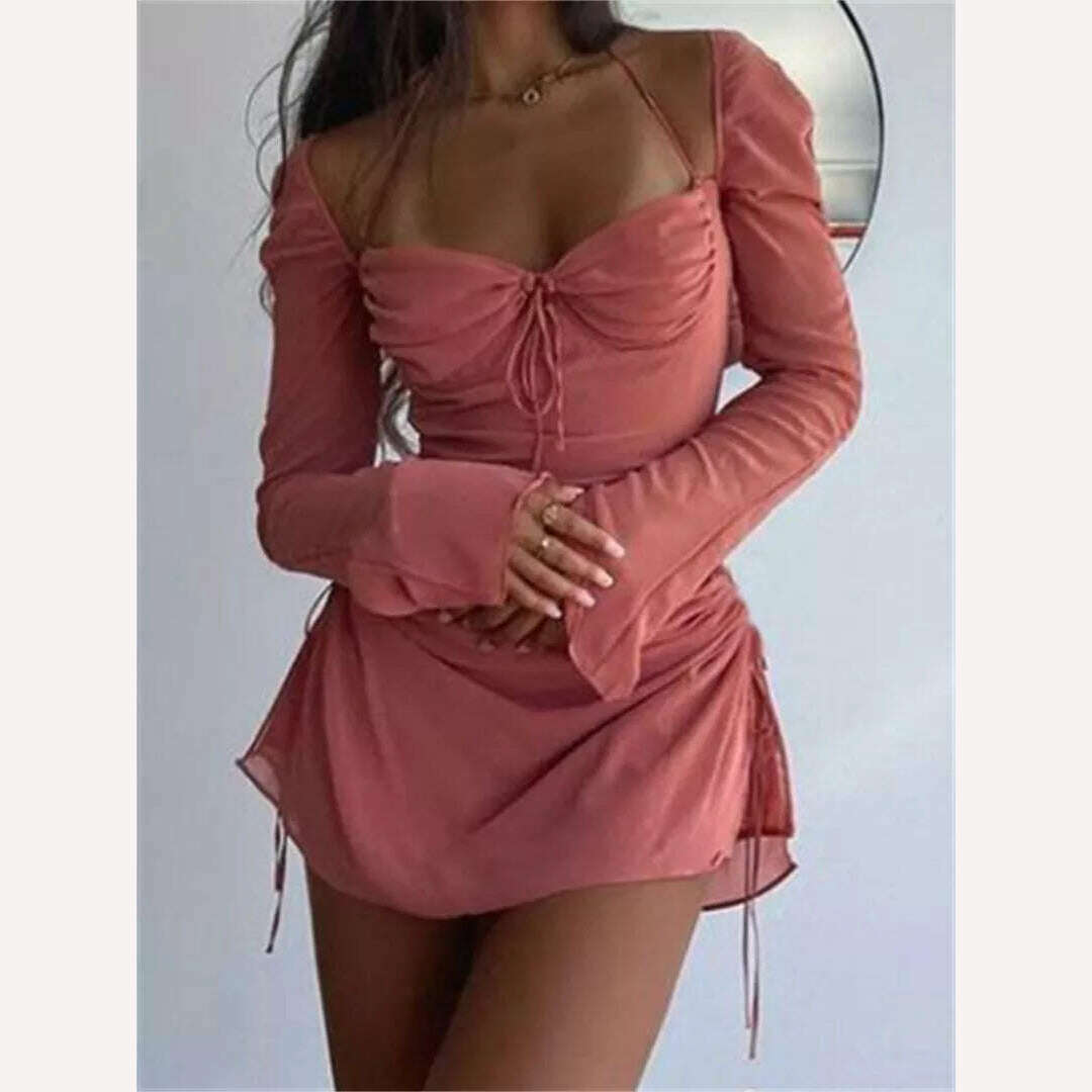 KIMLUD, wsevypo Elegant Off-Shoulder Halter Short Dress Women Long Flare Sleeve Side Drawstring Ruched Mini Dress A-Line Party Vestidos, KIMLUD Womens Clothes