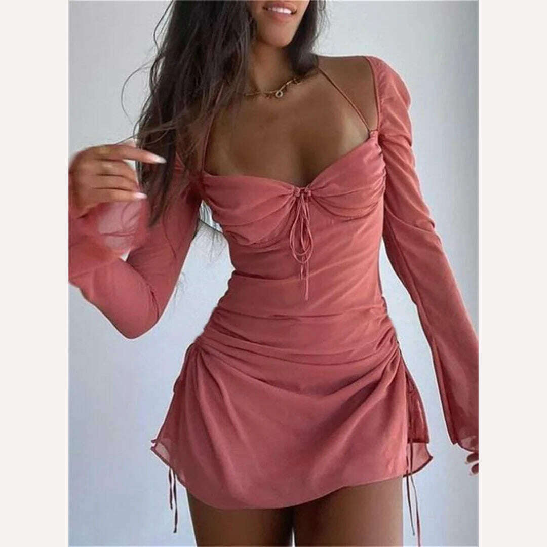 KIMLUD, wsevypo Elegant Off-Shoulder Halter Short Dress Women Long Flare Sleeve Side Drawstring Ruched Mini Dress A-Line Party Vestidos, Pink / S, KIMLUD APPAREL - Womens Clothes