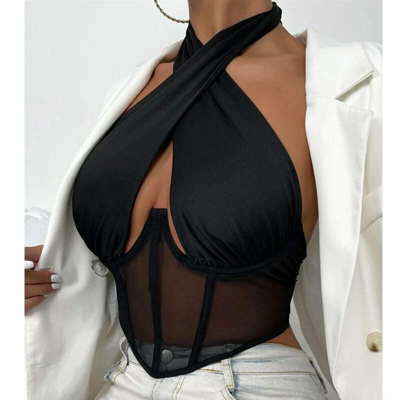 wsevypo Sexy Cross Halter Corset Bustier Mesh Bone Tank Tops Women Tie Up Wrap Tube Tops Backless Slim Fit Cut Out Front Tops - KIMLUD