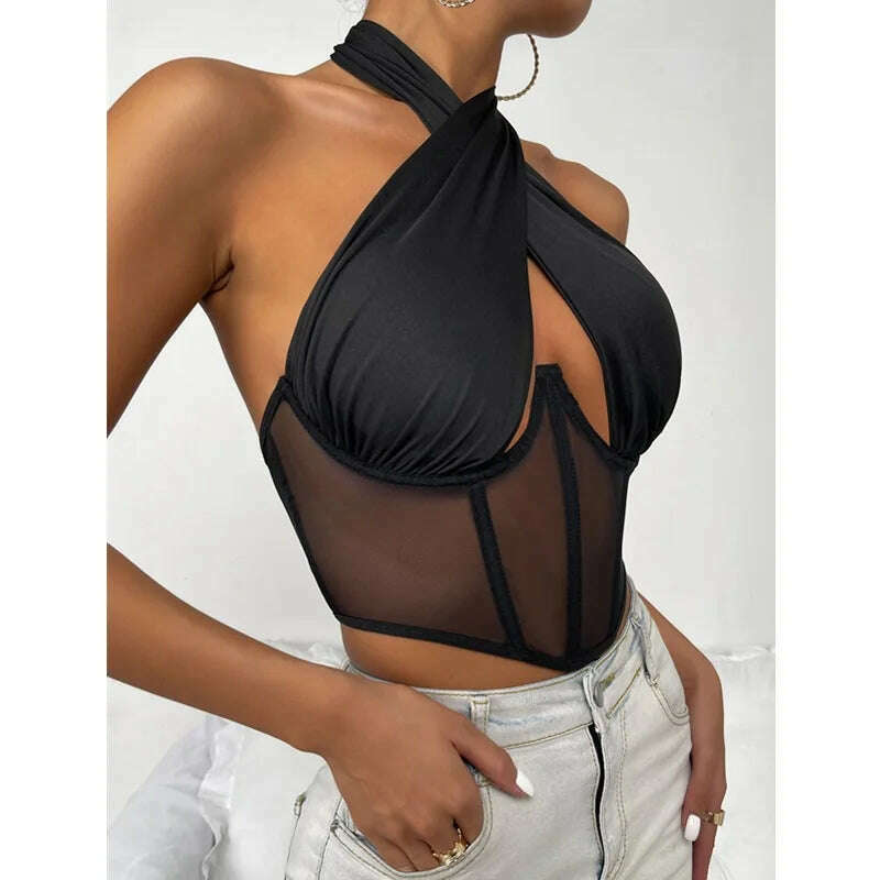 wsevypo Sexy Cross Halter Corset Bustier Mesh Bone Tank Tops Women Tie Up Wrap Tube Tops Backless Slim Fit Cut Out Front Tops - KIMLUD