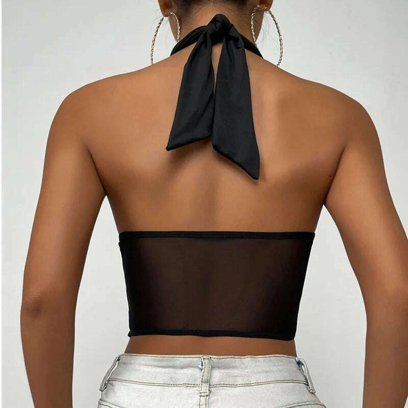 wsevypo Sexy Cross Halter Corset Bustier Mesh Bone Tank Tops Women Tie Up Wrap Tube Tops Backless Slim Fit Cut Out Front Tops - KIMLUD